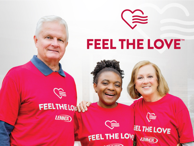 Feel The Love Three people wearing red Feel the Love t-shirts